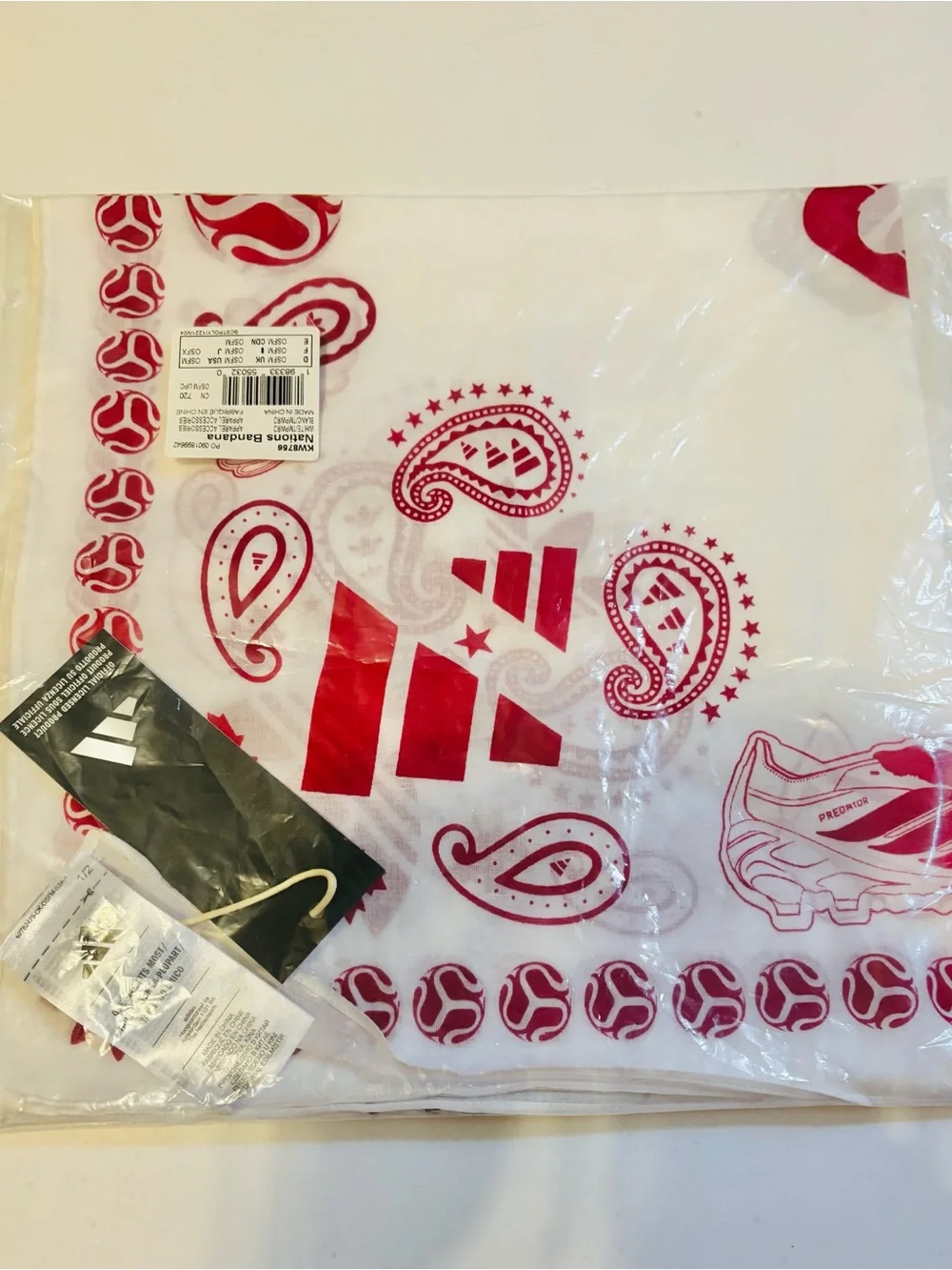 adidas FIFA White Nations Bandana with Red Paisley and Sports Motifs
